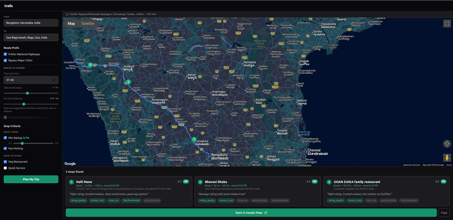 trails — Bangalore to Goa example